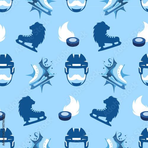 Seamless hockey pattern with skates, puck, and mask. Ice hockey-themed seamless pattern with gear icons on light blue background