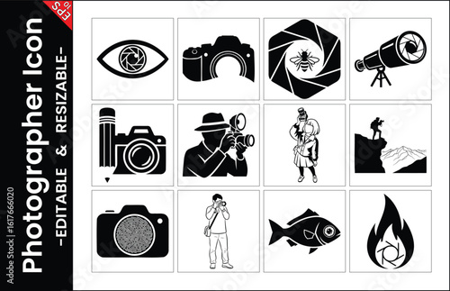 Photographer Icons Vector Illustration Set Various Photography Related Concepts Black And White