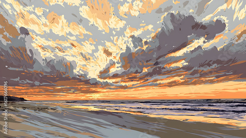 Sunrise over the beach, dramatic clouds.  Vast, colorful sky with fiery orange and pastel clouds, meets the calm ocean at sunrise. Soft sand beach stretches into the water