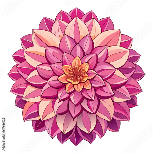 Stylized pink and orange dahlia flower with layered petals isolated on white background