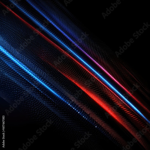 Abstract design with vibrant red and blue lines on a dark background.  Dynamic, glowing lines with a textured effect