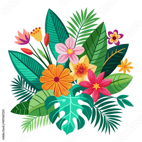 Vibrant tropical floral arrangement with lush green leaves and colorful exotic flowers