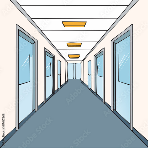 Long interior corridor of hospital with doors and recessed lighting fixtures