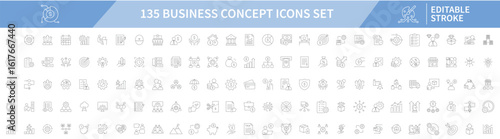 Business concept icons set editable stroke outline style finance marketing teamwork innovation planning success