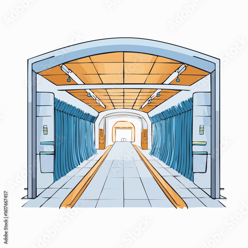 Automated car wash tunnel interior perspective with blue washing brushes