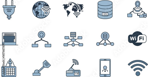 A collection of technology and network icons including wifi, servers, and world connection