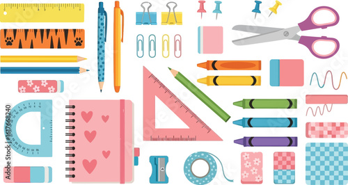 A colorful collection of school and art supplies including pencils, crayons, scissors, and a notebook