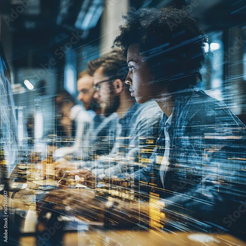 A focused team working on computers in a modern office with a digital overlay effect at night