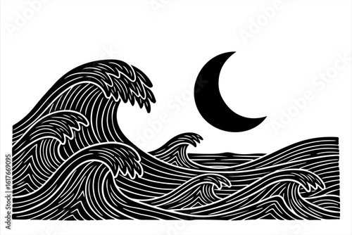 A stylized, black and white print of ocean waves crashing under a crescent moon.
