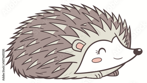 Cute cartoon hedgehog with closed eyes and blushing cheeks