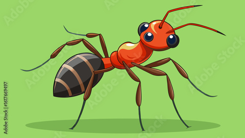 Cartoon ant with big eyes and segmented body on green background