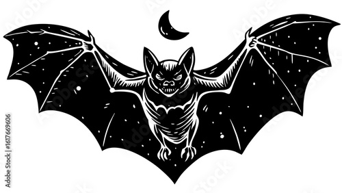 Fierce bat with crescent moon and starry night sky
