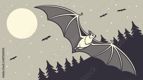 Bat flying in the night sky with a full moon and spooky trees