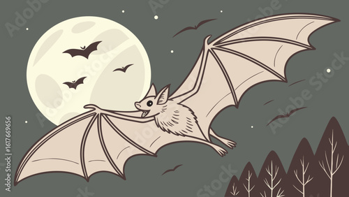 Cartoon bat flying in the night sky with a full moon
