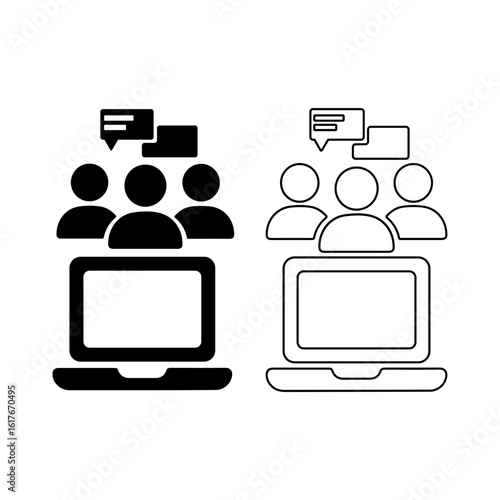 Group chat vector illustration with speech bubbles on laptop, black and white