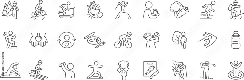 Outdoor Activity and Fitness Icon Set – Biking, Hiking, Camping, Yoga, Running, Sports, Adventure, Park Fun, Outdoor Icon
