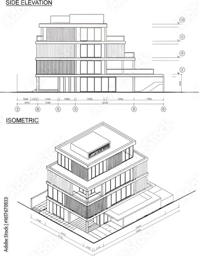 Architectural drawing of a modern building section and isometric view showcasing structural design and urban planning