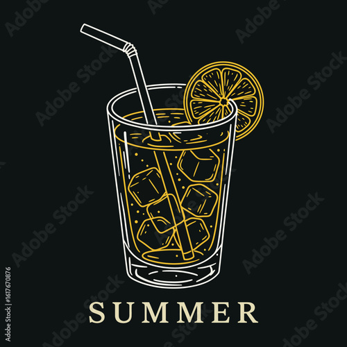 Refreshing iced lemon drink illustration, summer beverage graphic design.