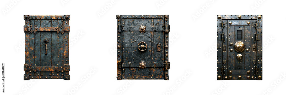 Fototapeta premium Three Vintage Metal Vault Doors. Security And Protection In Industrial Design Isolated On Transparent Background