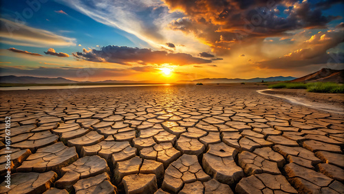 Dry Land Texture Showing Cracked Soil In Arid Desert Landscape At Sunset