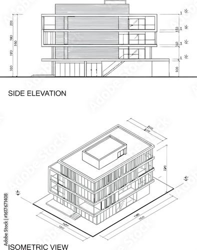 Architectural drawing showing a detailed elevation and isometric view of a modern building facade with horizontal louvers