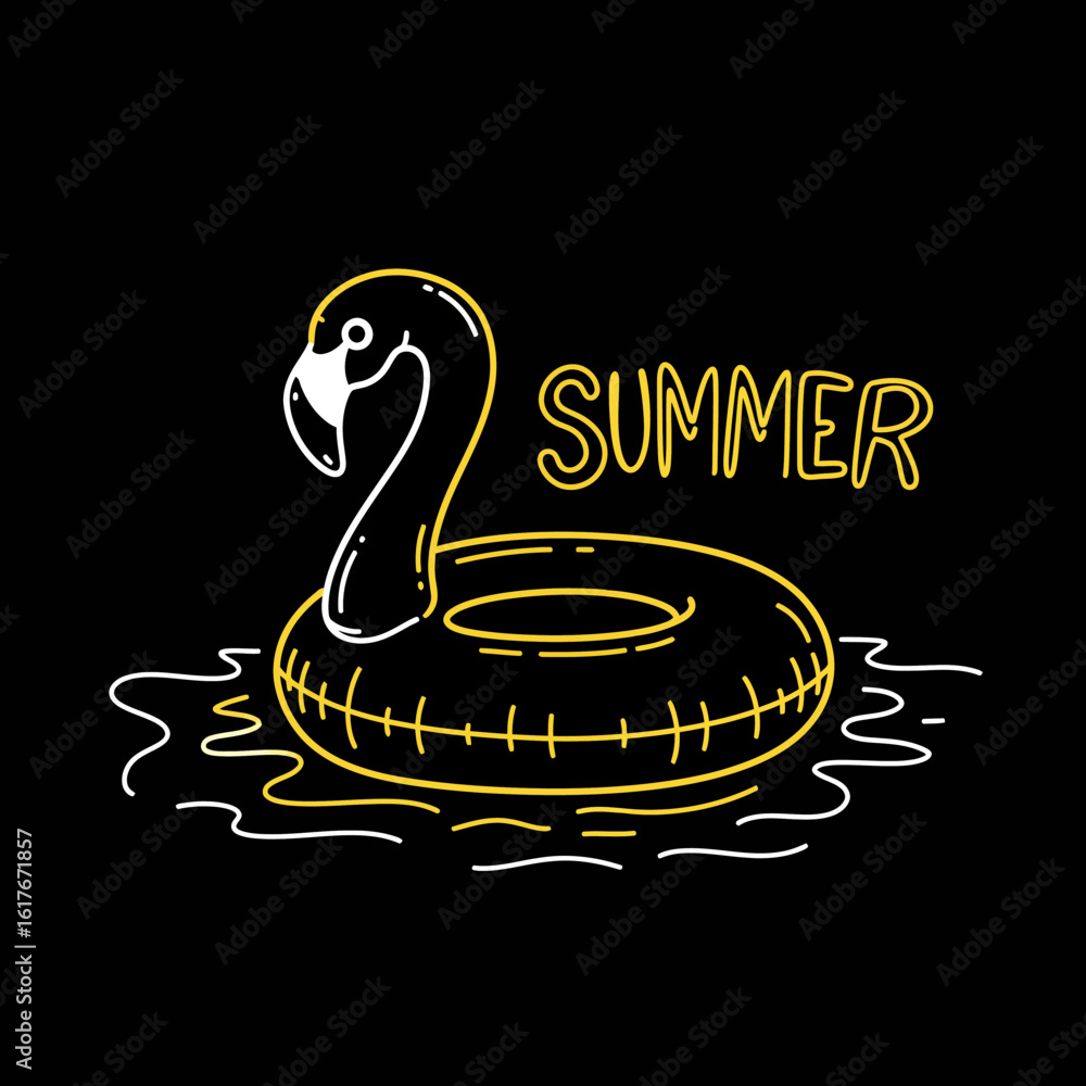 Naklejka premium A neon-style illustration of a flamingo pool float in water, with the word