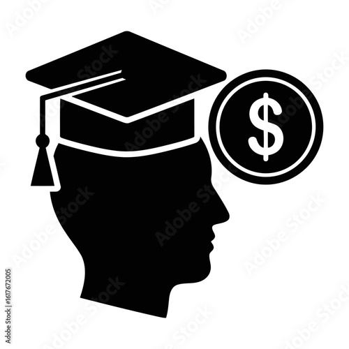 Vector art of a student wearing a graduation cap with a dollar coin representing the cost of education