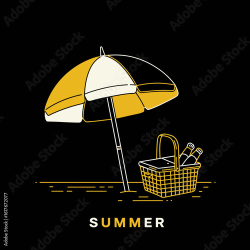 A yellow and white striped beach umbrella with a picnic basket and beer bottles.
