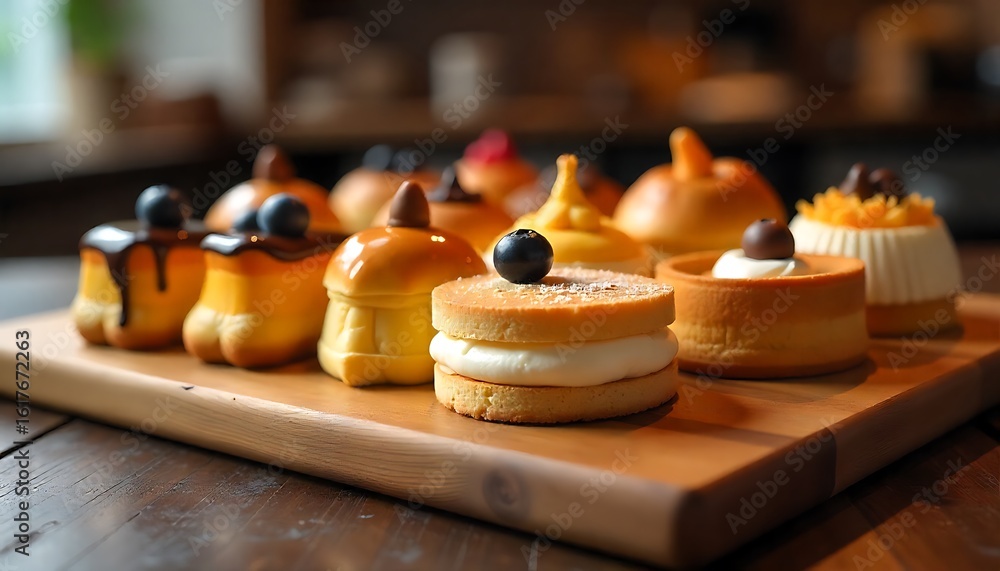Fototapeta premium Different Types Of Bread And Pastries On A Display In An Artisan Bakery, a wooden tray filled with a variety of pastries, various types of desserts, created with generative ai