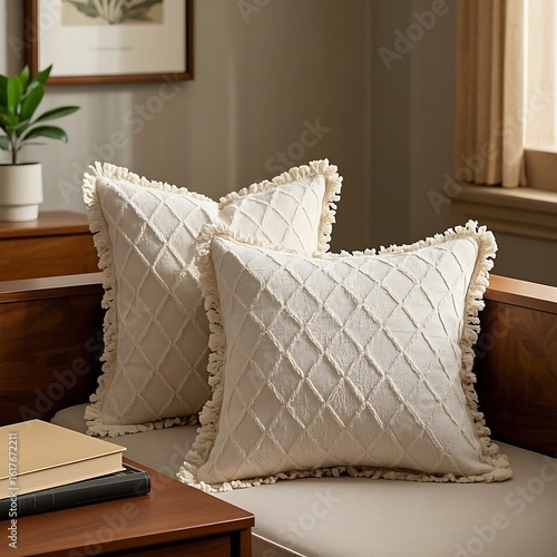 Two cream-colored throw pillows with diamond patterns and fringe.