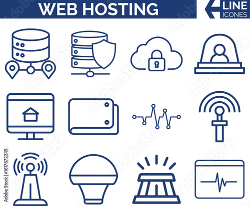 Web Hosting Icon Bundle. Servers, Domains & Cloud Storage. Modern Web Hosting, Server Rack, DNS & Website, Cloud, Network & Data Center, Domains, SSL & Internet Servers Icon Set.