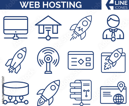 Web Hosting Icon Bundle. Servers, Domains & Cloud Storage. Modern Web Hosting, Server Rack, DNS & Website, Cloud, Network & Data Center, Domains, SSL & Internet Servers Icon Set.