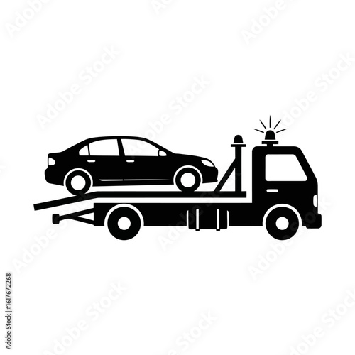 Vector art of a tow truck is carrying a broken down car for repair and providing roadside assistance