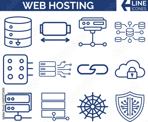 Web Hosting Icon Bundle. Servers, Domains & Cloud Storage. Modern Web Hosting, Server Rack, DNS & Website, Cloud, Network & Data Center, Domains, SSL & Internet Servers Icon Set.