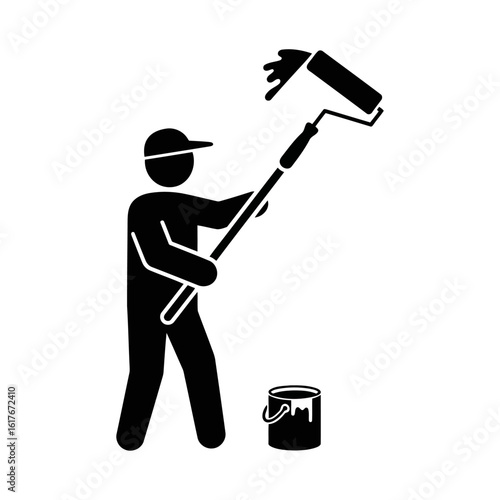 Vector art of a painter is applying paint to a wall with a roller and an extension pole for home renovation
