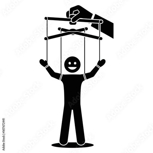 Vector art of a puppet is being controlled by a hand with strings attached to the puppets limbs