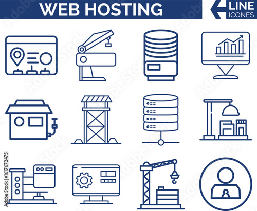 Web Hosting Icon Bundle. Servers, Domains & Cloud Storage. Modern Web Hosting, Server Rack, DNS & Website, Cloud, Network & Data Center, Domains, SSL & Internet Servers Icon Set.