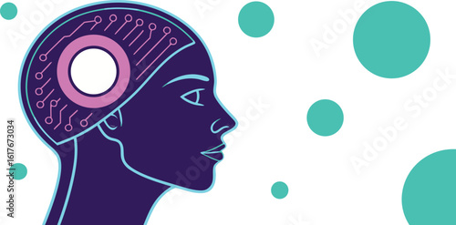 Artificial Intelligence Head with Circuitry on Transparent Background