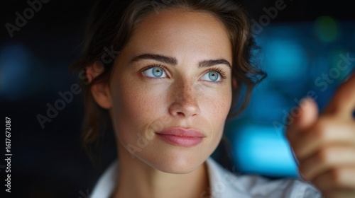 Free Download Woman's Gaze and Gestures: A close-up shot of a woman with striking features, including clear eyes and a focused expression. She's pointing her finger, conveying a sense of purpose or direction. - GFXLoad