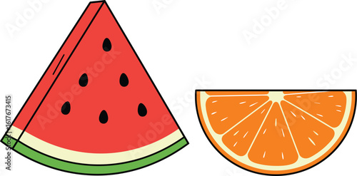 Cartoon watermelon and orange slices isolated on white background