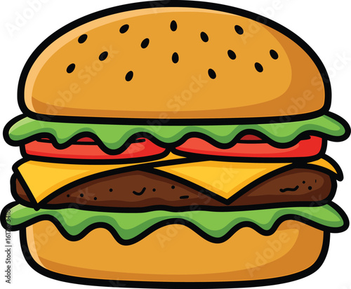 A cartoon hamburger with beef, cheese, lettuce, and tomato isolated on white background