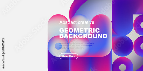 Abstract geometric background features vibrant colors, shapes. Text overlay includes sample content, button. Modern design elements present.