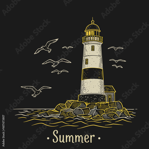 A coastal lighthouse stands tall amidst rocky shores, illuminated, with seagulls in flight.