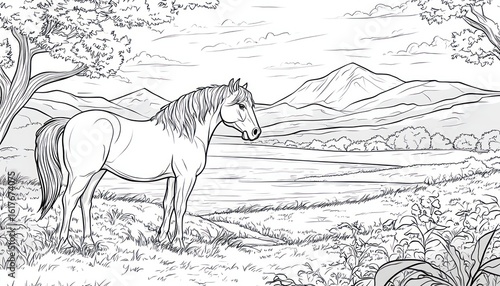 Horse coloring page for adults and kids printable nature landscape scene