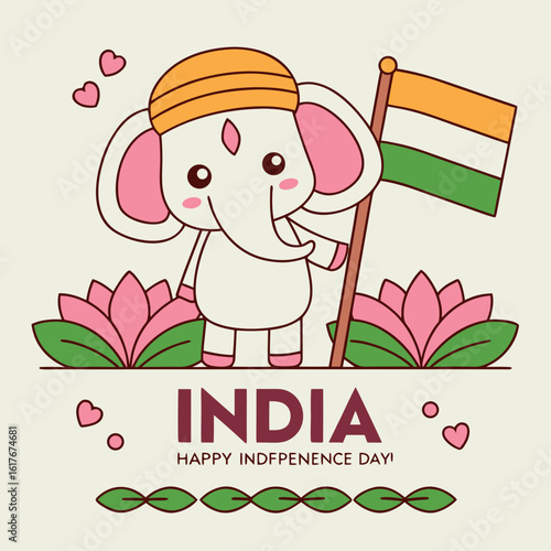 Adorable elephant wearing a turban is proudly holding the Indian flag near lotus blossoms