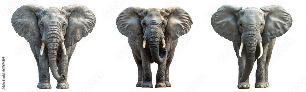 Fototapeta premium Three african elephants stand majestically against a transparent background, showcasing their impressive size and unique features