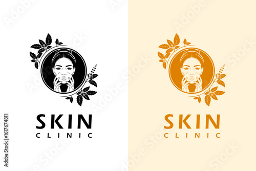 illustration of circled woman face with tulsi leaves, icon, vector logo for dermatologist, anti aging, luxury facial spa, skin specialist, makeup, skin wellness, acne, skincare, skin clinic, and more