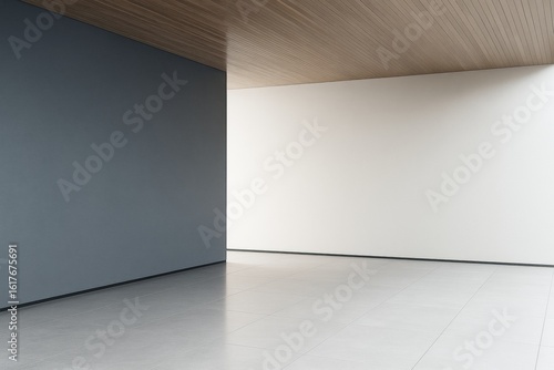 Wallpaper Mural Minimalist contemporary empty room with tiled floor, wooden ceiling, and blank white and dark walls for interior design and branding concepts. Torontodigital.ca