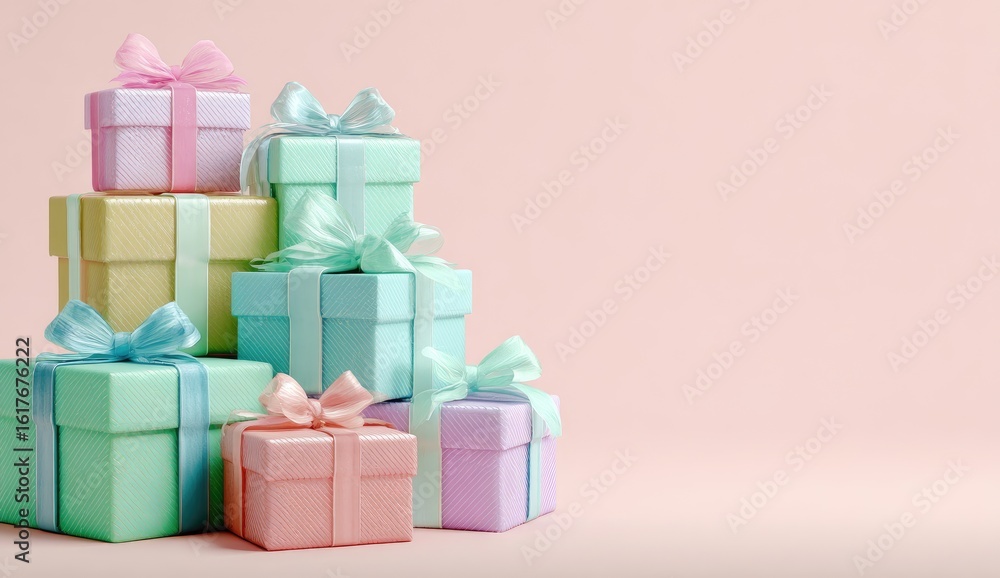 Obraz premium Pastel-colored gift boxes stacked in a pyramid on a light pink background