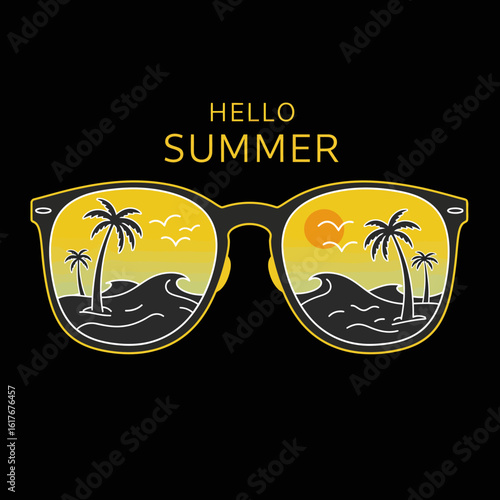 Summery beach scene reflected in stylish sunglasses.